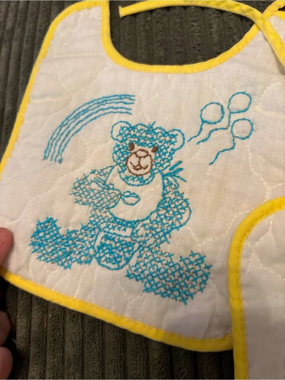 Vintage pair of Yellow-Trim Quilted Baby Bibs with Blue & Pink Bear Embroidery